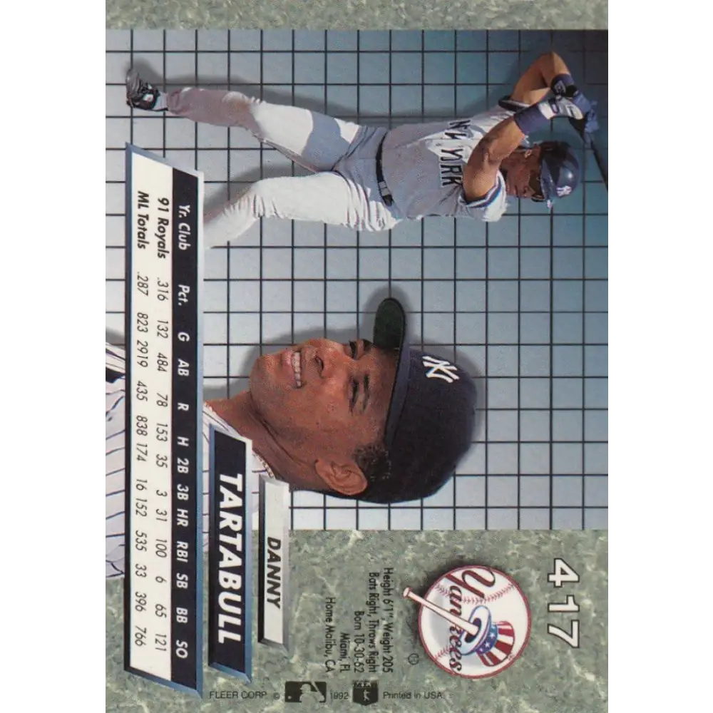 1992 Fleer Ultra #417 Danny Tartabull NM-MT New York Yankees Baseball Card Image 2