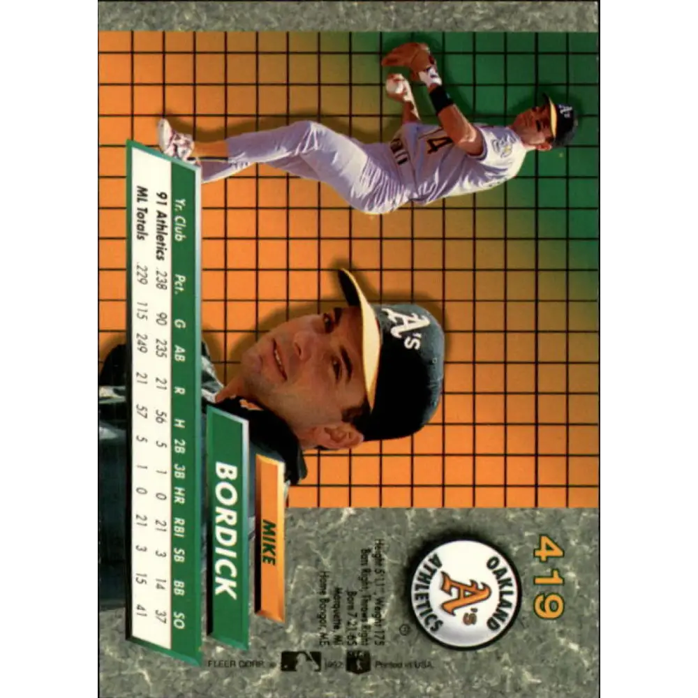 1992 Fleer Ultra #419 Mike Bordick NM-MT Oakland Athletics Baseball Card Image 2