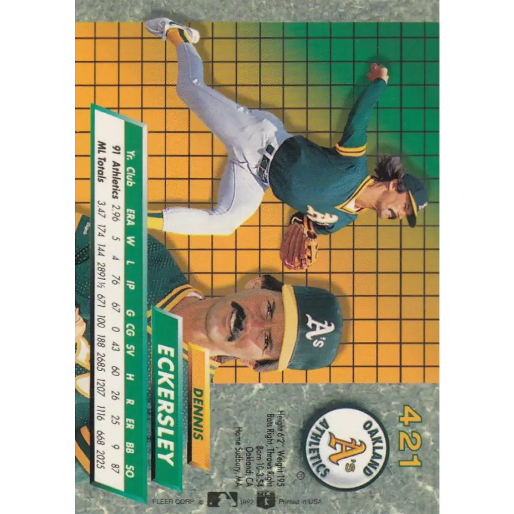 1992 Fleer Ultra #421 Dennis Eckersley NM-MT Oakland Athletics Baseball Card Image 2