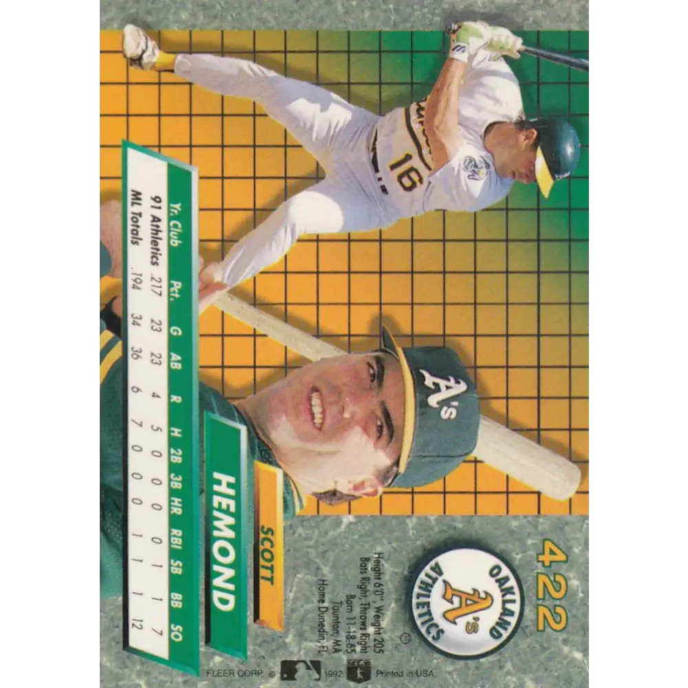 1992 Fleer Ultra #422 Scott Hemond NM-MT Oakland Athletics Baseball Card Image 2