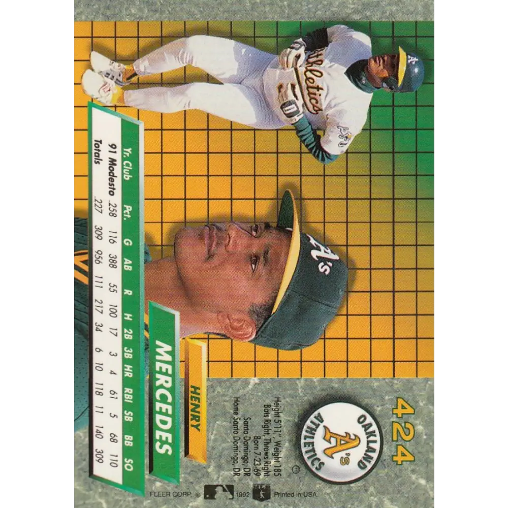 1992 Fleer Ultra #424 Henry Mercedes NM-MT RC Rookie Oakland Athletics Baseball Card Image 2
