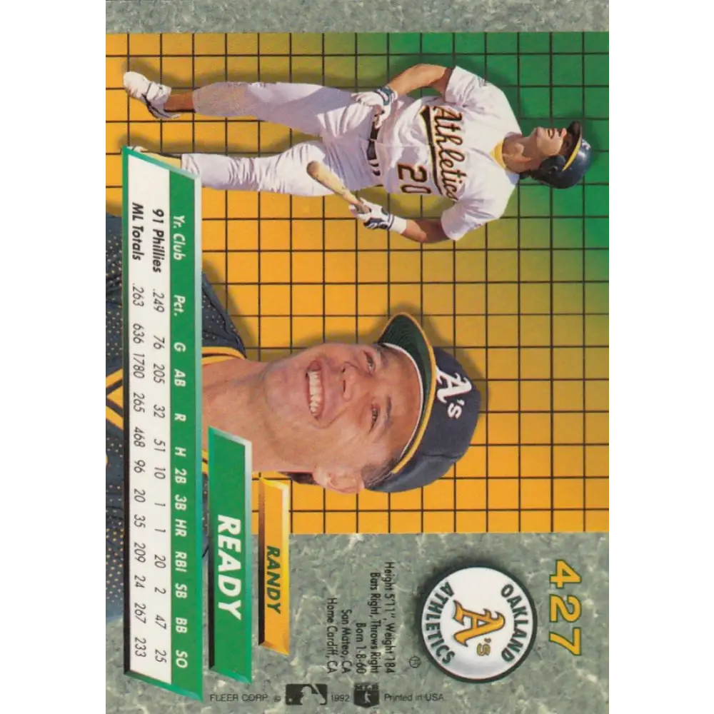 1992 Fleer Ultra #427 Randy Ready NM-MT Oakland Athletics Baseball Card Image 2