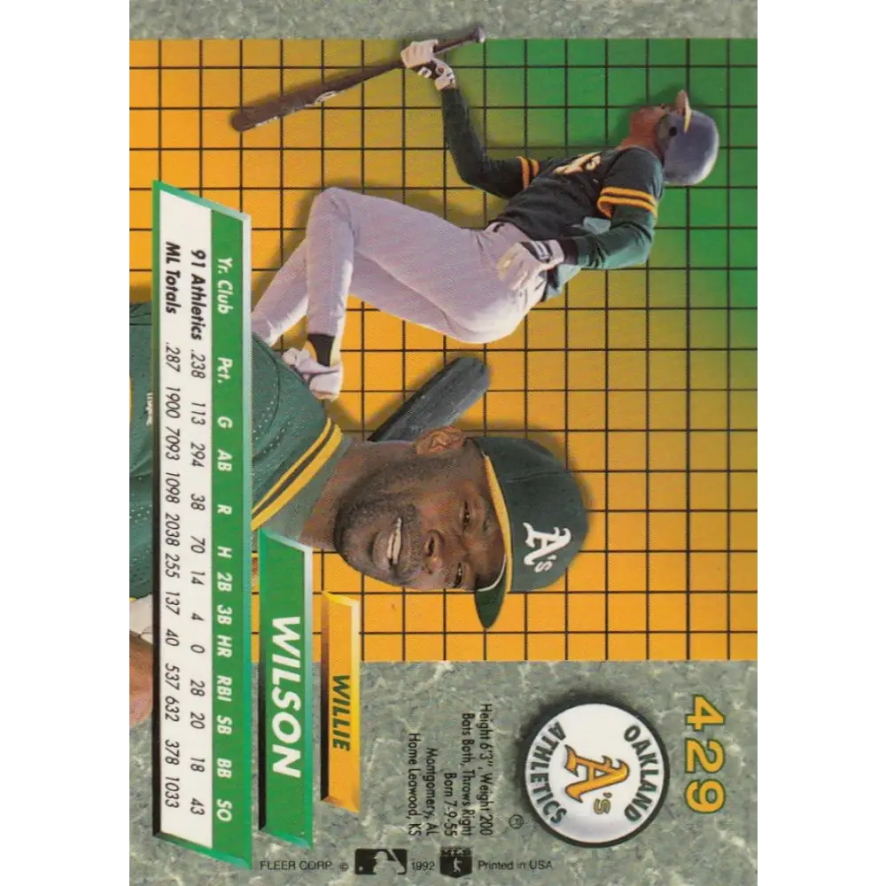 1992 Fleer Ultra #429 Willie Wilson NM-MT Oakland Athletics Baseball Card Image 1