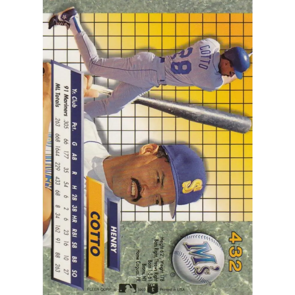 1992 Fleer Ultra #432 Henry Cotto NM-MT Seattle Mariners Baseball Card Image 2