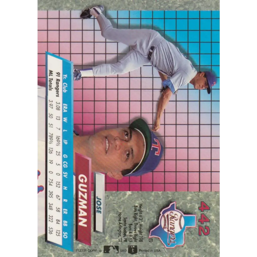 1992 Fleer Ultra #442 Jose Guzman NM-MT Texas Rangers Baseball Card Image 2
