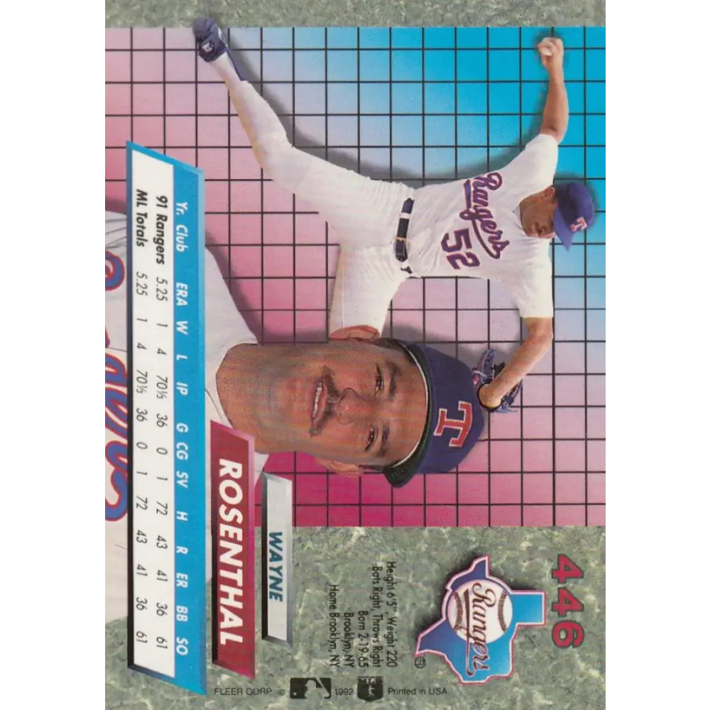 1992 Fleer Ultra #446 Wayne Rosenthal NM-MT Texas Rangers Baseball Card Image 2
