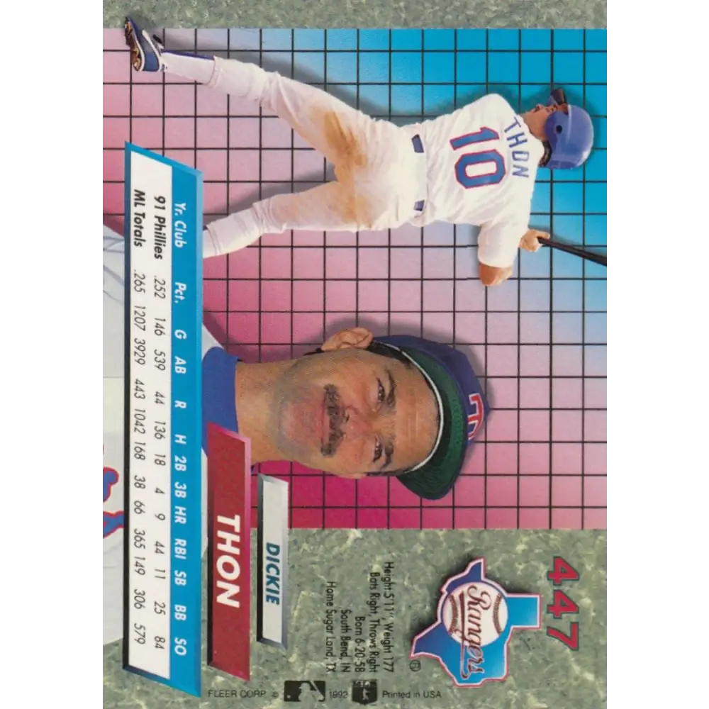 1992 Fleer Ultra #447 Dickie Thon NM-MT Texas Rangers Baseball Card Image 2