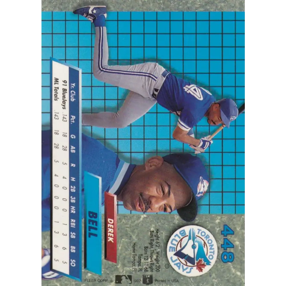 1992 Fleer Ultra #448 Derek Bell NM-MT Toronto Blue Jays Baseball Card Image 2