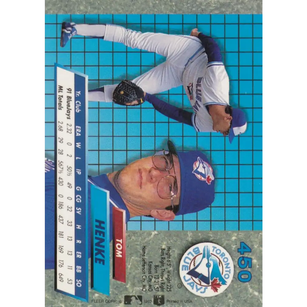 1992 Fleer Ultra #450 Tom Henke NM-MT Toronto Blue Jays Baseball Card Image 2
