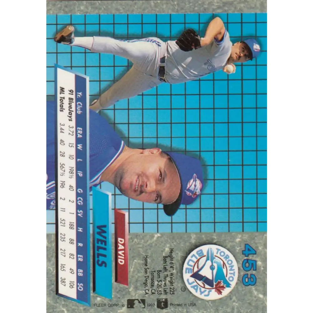 1992 Fleer Ultra #453 David Wells NM-MT Toronto Blue Jays Baseball Card Image 2