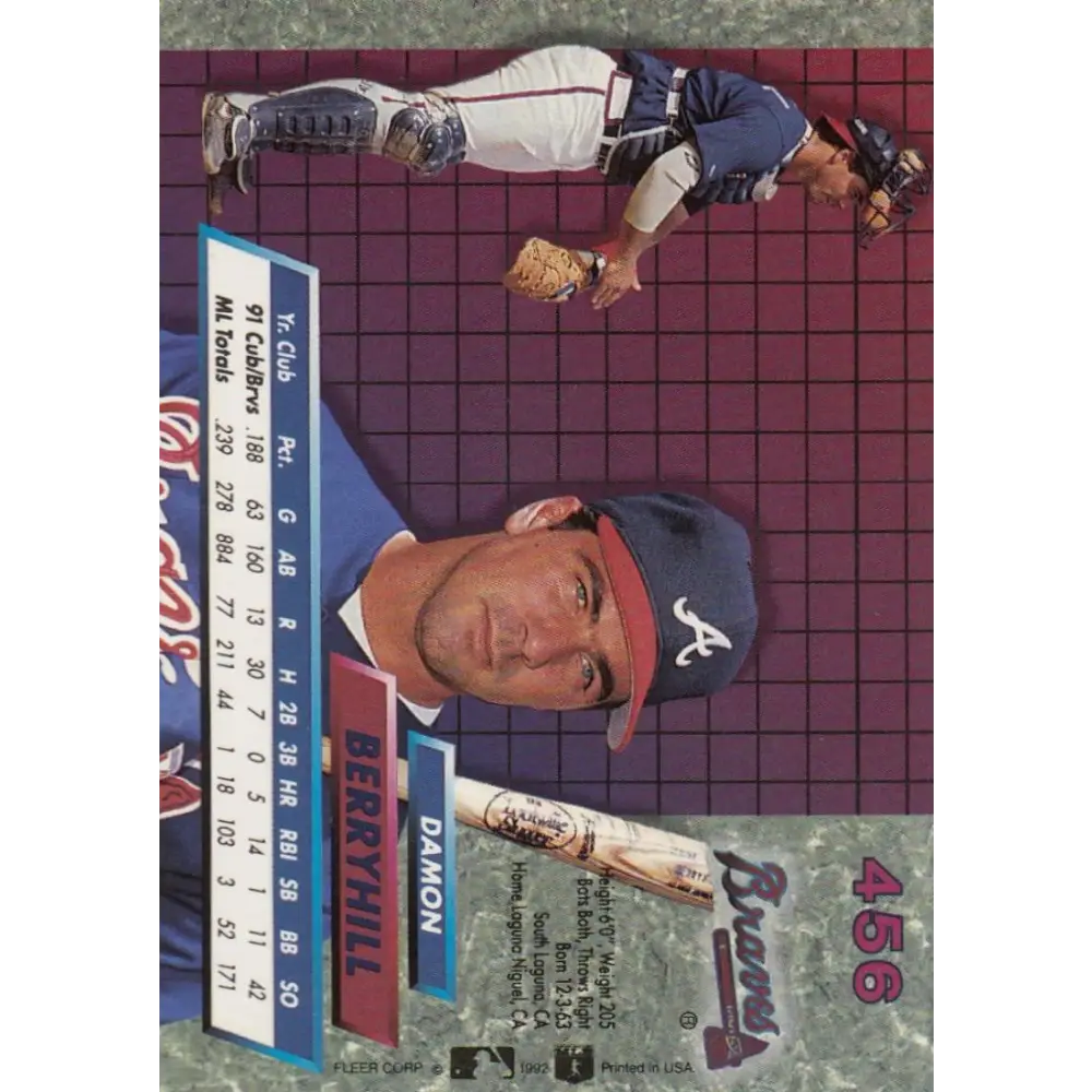 1992 Fleer Ultra #456 Damon Berryhill NM-MT Atlanta Braves Baseball Card Image 2