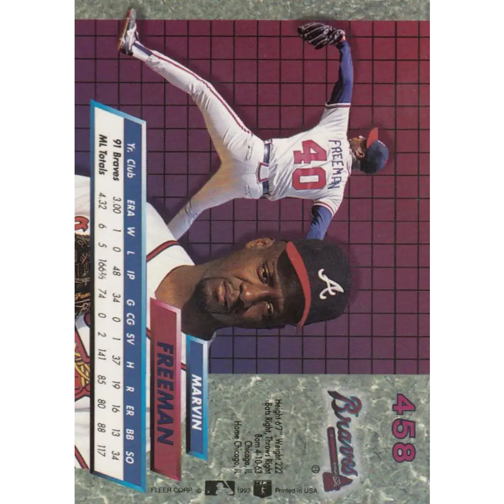 1992 Fleer Ultra #458 Marvin Freeman NM-MT Atlanta Braves Baseball Card Image 2