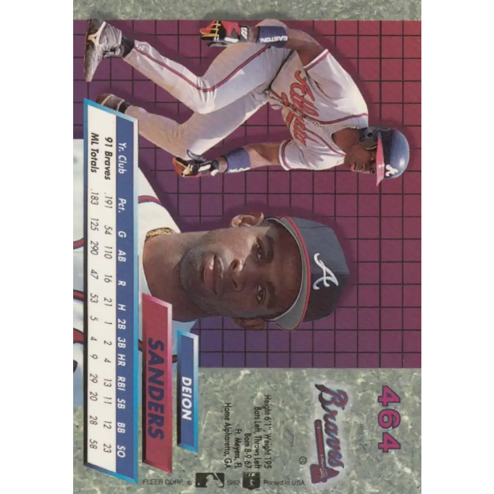1992 Fleer Ultra #464 Deion Sanders NM-MT Atlanta Braves Baseball Card Image 2