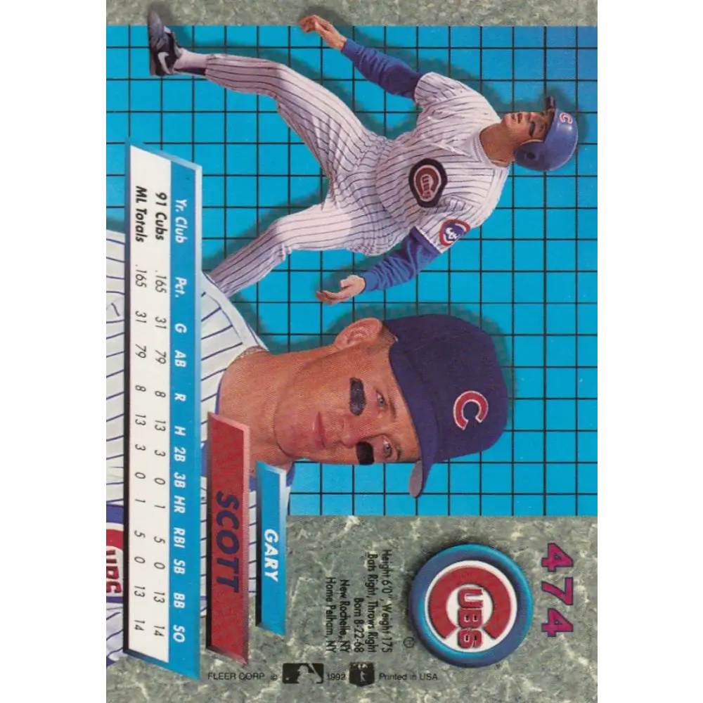1992 Fleer Ultra #474 Gary Scott NM-MT Chicago Cubs Baseball Card Image 2