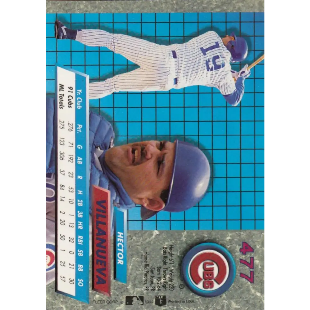 1992 Fleer Ultra #477 Hector Villanueva NM-MT Chicago Cubs Baseball Card Image 2