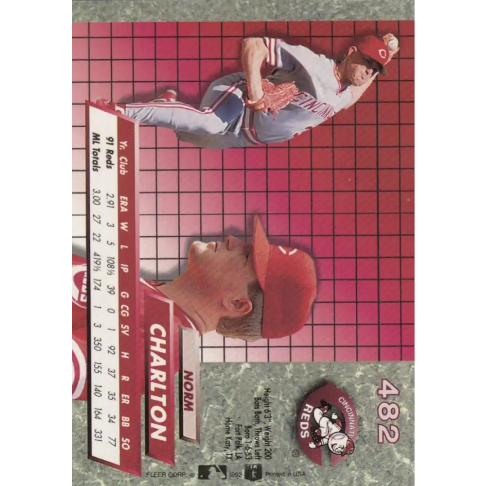 1992 Fleer Ultra #482 Norm Charlton NM-MT Cincinnati Reds Baseball Card Image 2