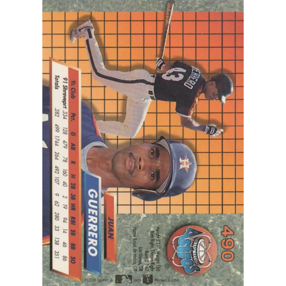 1992 Fleer Ultra #490 Juan Guerrero/ NM-MT RC Rookie Houston Astros Baseball Card Image 2