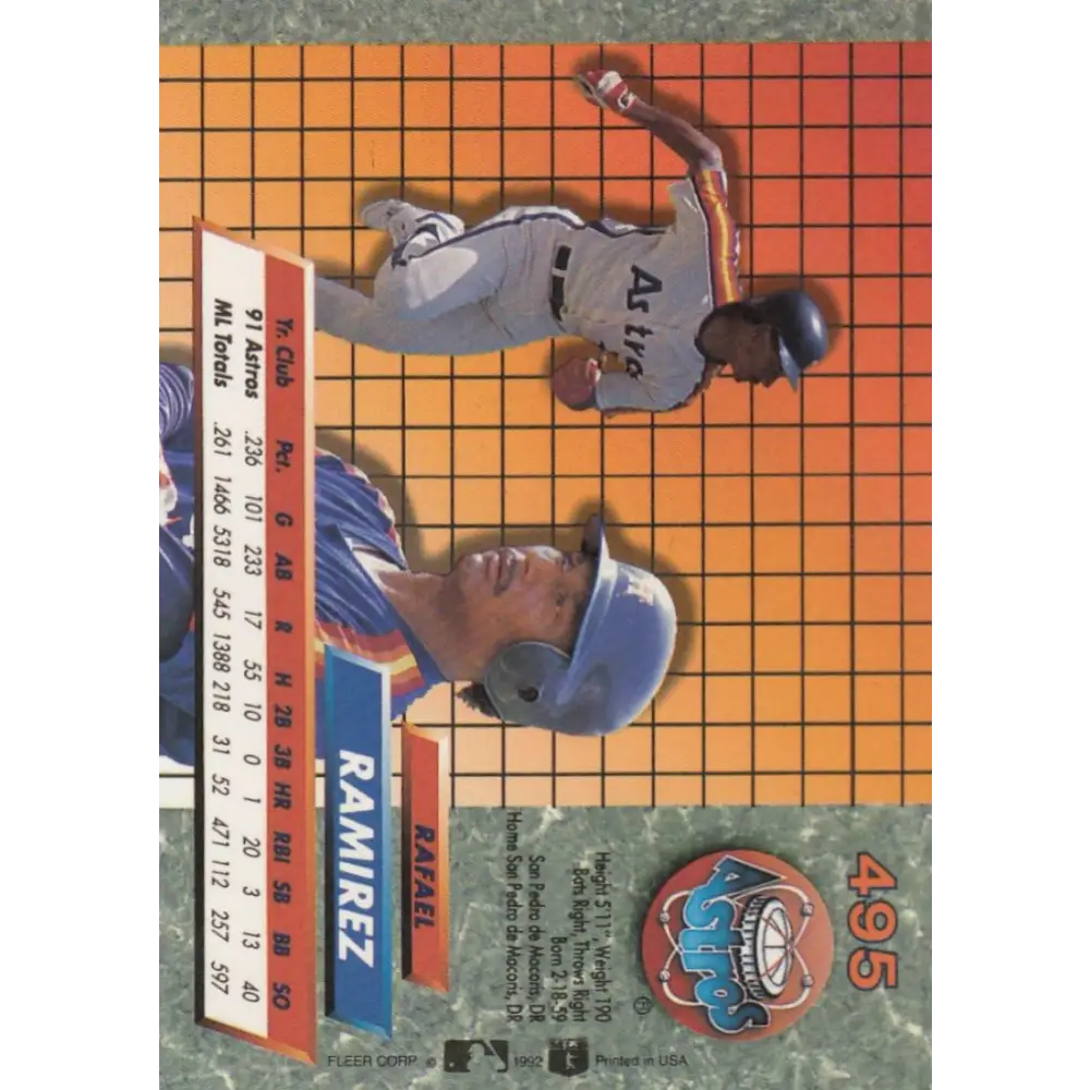 1992 Fleer Ultra #495 Rafael Ramirez NM-MT Houston Astros Baseball Card Image 2