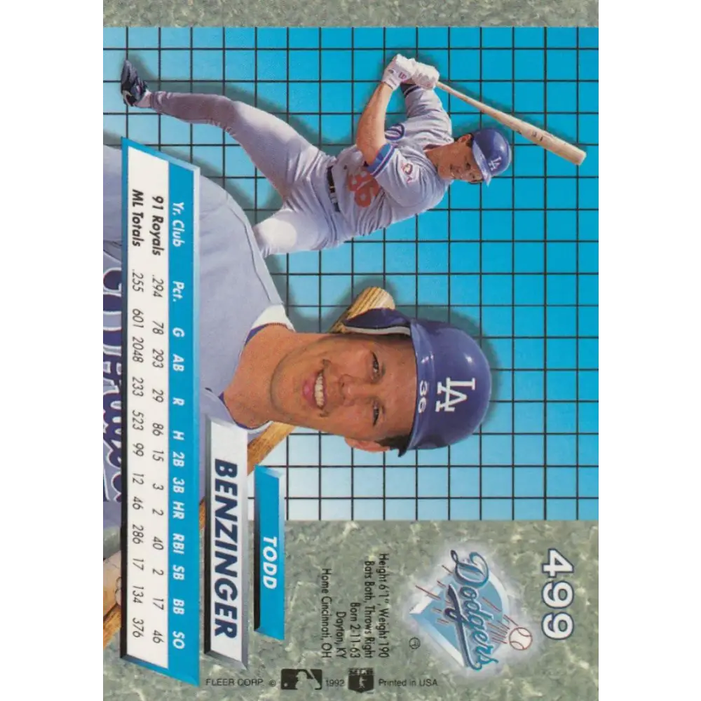1992 Fleer Ultra #499 Todd Benzinger NM-MT Los Angeles Dodgers Baseball Card Image 2