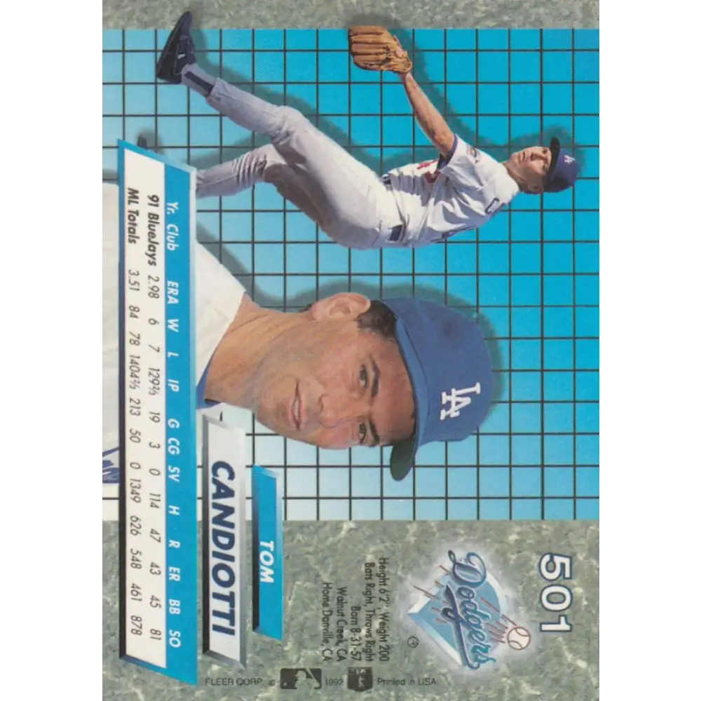 1992 Fleer Ultra #501 Tom Candiotti NM-MT Los Angeles Dodgers Baseball Card Image 2