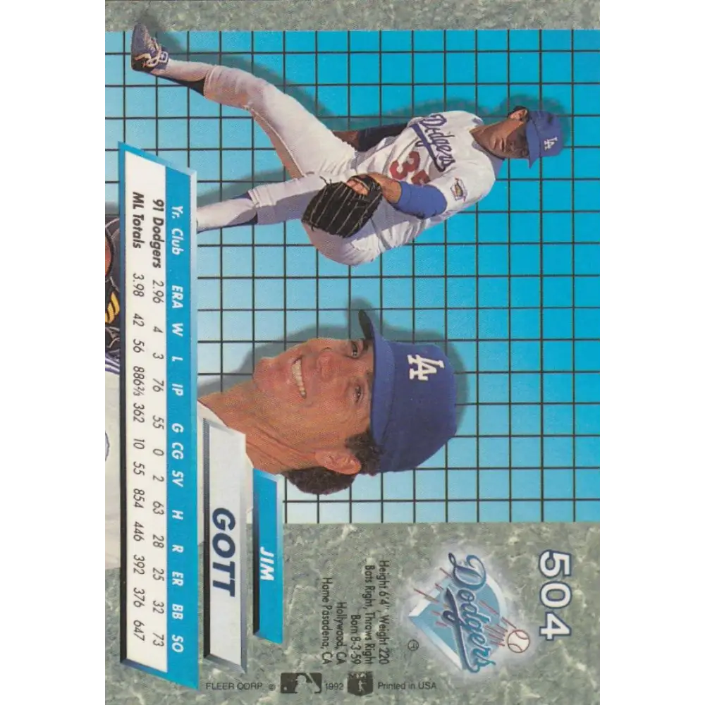 1992 Fleer Ultra #504 Jim Gott NM-MT Los Angeles Dodgers Baseball Card Image 2