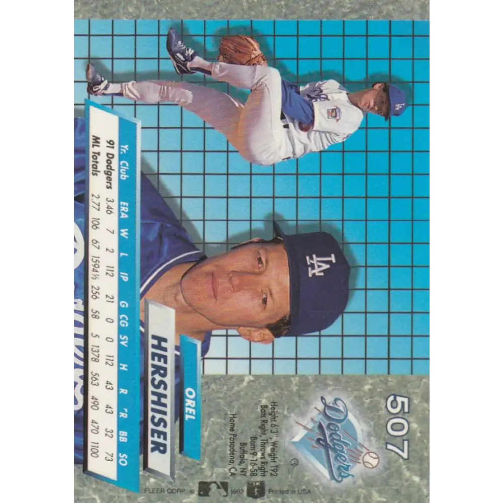 1992 Fleer Ultra #507 Orel Hershiser NM-MT Los Angeles Dodgers Baseball Card Image 2