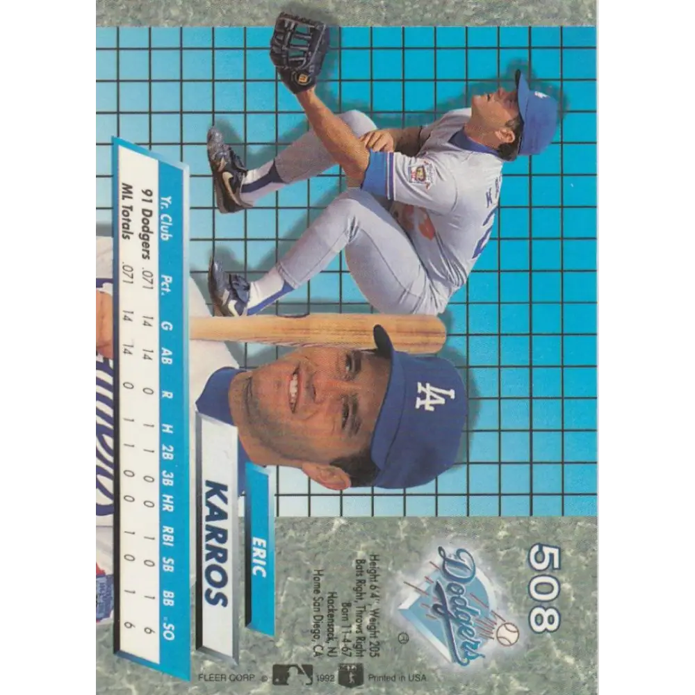 1992 Fleer Ultra #508 Eric Karros NM-MT Los Angeles Dodgers Baseball Card Image 2