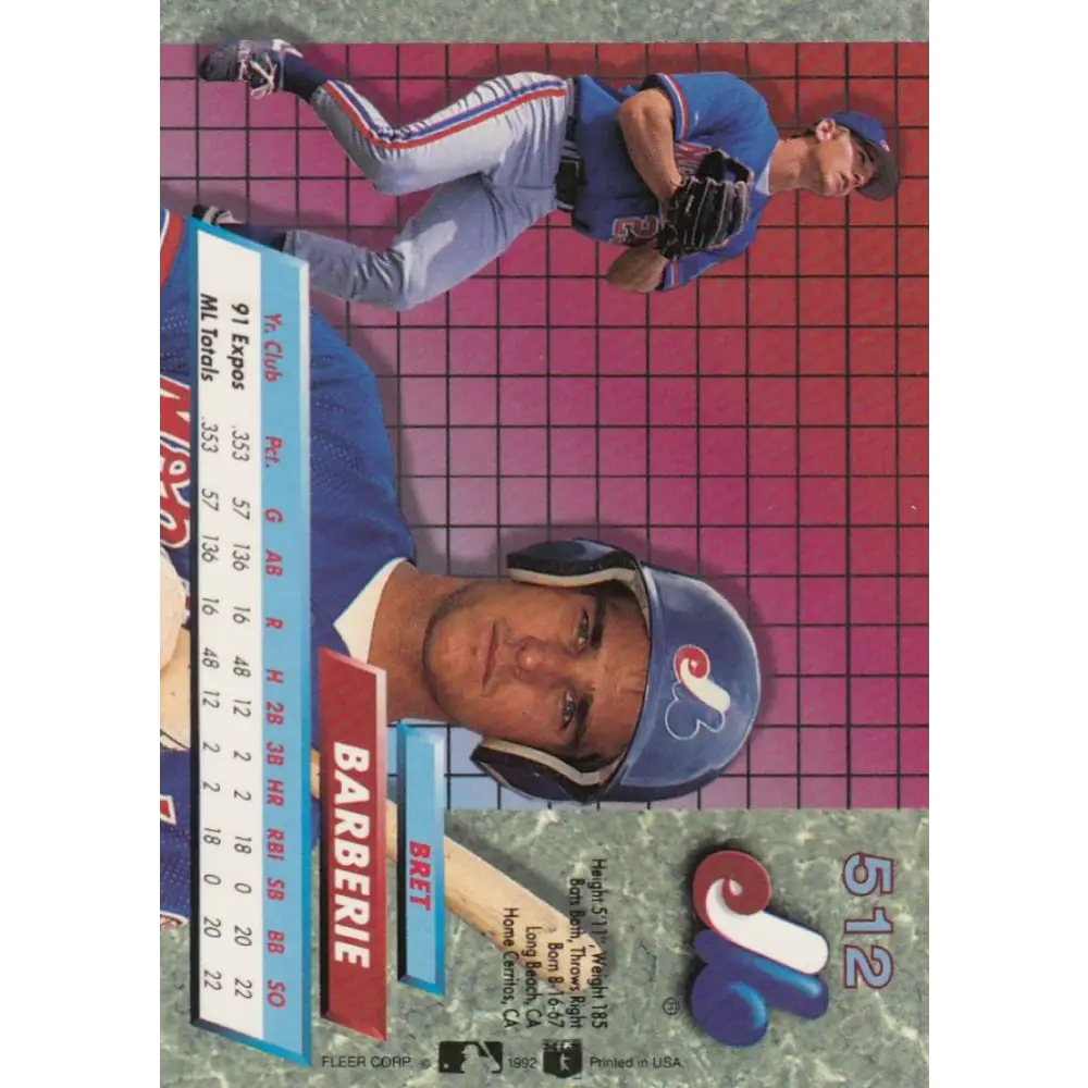 1992 Fleer Ultra #512 Bret Barberie NM-MT Montreal Expos Baseball Card Image 2