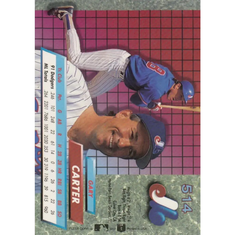 1992 Fleer Ultra #514 Gary Carter NM-MT Montreal Expos Baseball Card Image 2