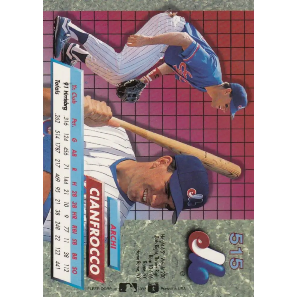 1992 Fleer Ultra #515 Archi Cianfrocco NM-MT RC Rookie Montreal Expos Baseball Card Image 2