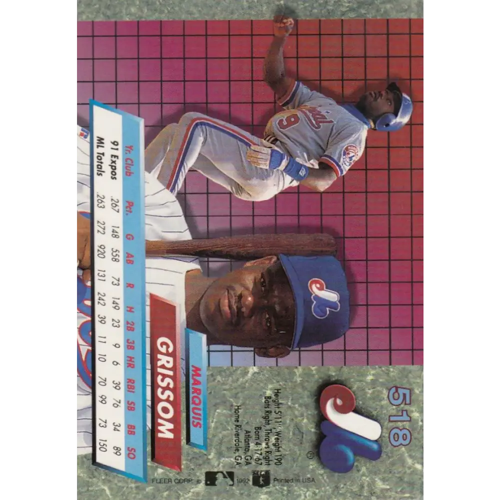 1992 Fleer Ultra #518 Marquis Grissom NM-MT Montreal Expos Baseball Card Image 2