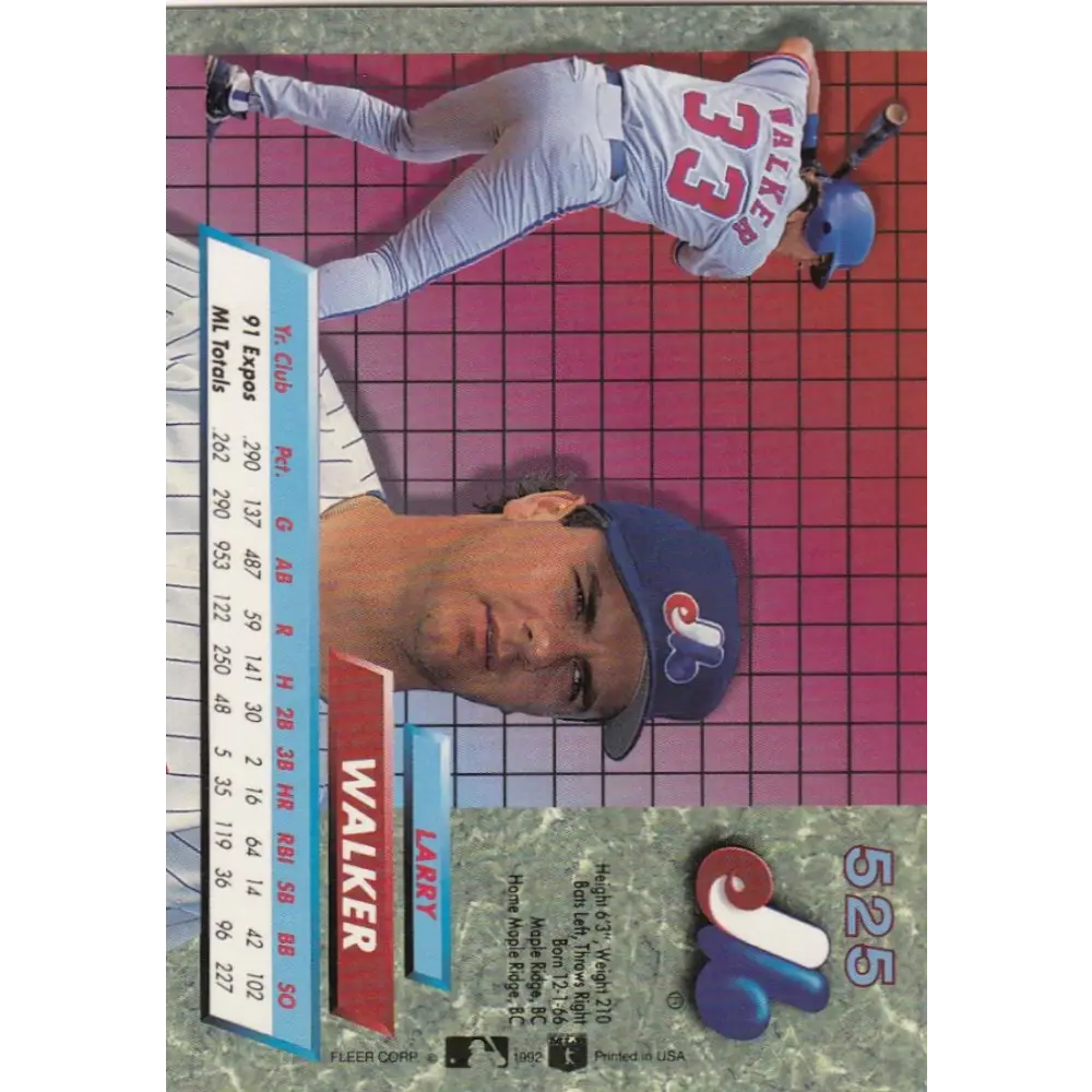 1992 Fleer Ultra #525 Larry Walker NM-MT Montreal Expos Baseball Card Image 2