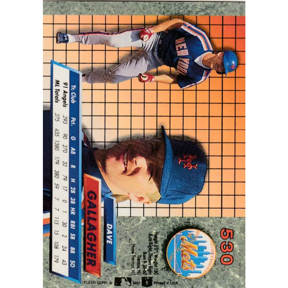 1992 Fleer Ultra #530 Dave Gallagher NM-MT New York Mets Baseball Card Image 2