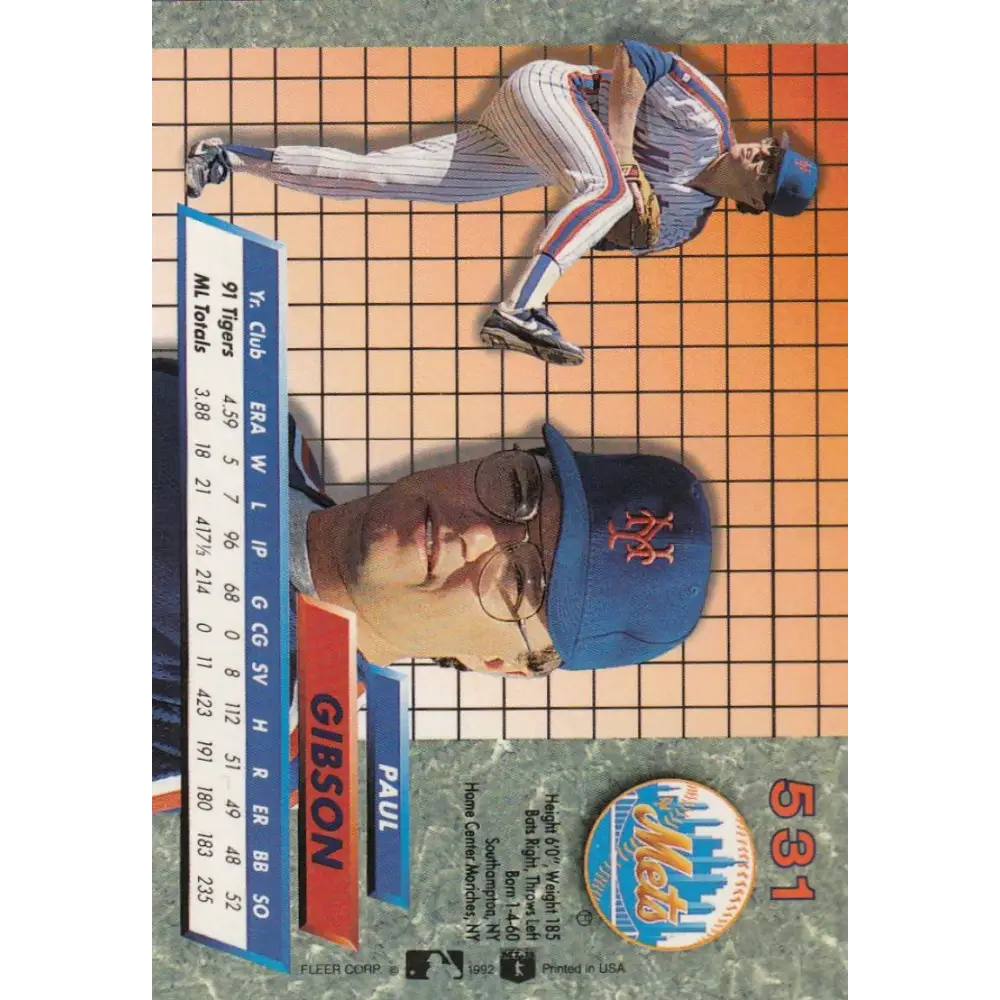 1992 Fleer Ultra #531 Paul Gibson NM-MT New York Mets Baseball Card Image 2