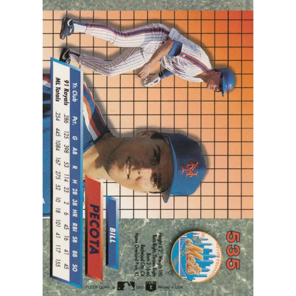 1992 Fleer Ultra #535 Bill Pecota NM-MT New York Mets Baseball Card Image 2