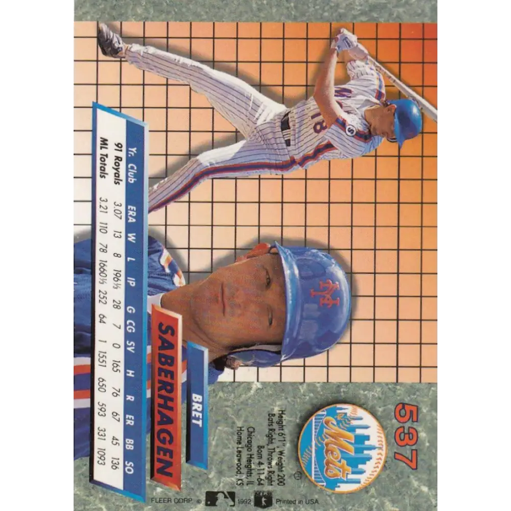 1992 Fleer Ultra #537 Bret Saberhagen NM-MT New York Mets Baseball Card Image 2