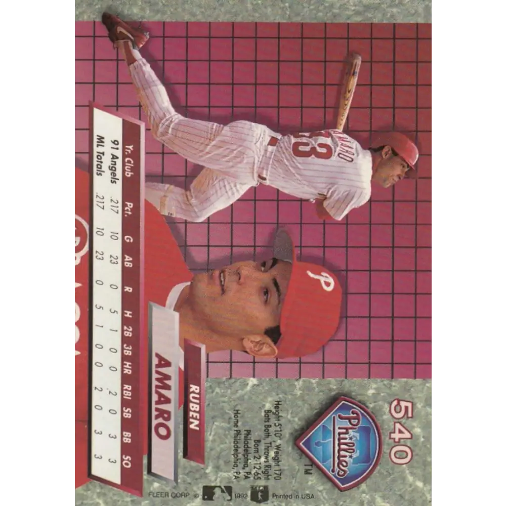 1992 Fleer Ultra #540 Ruben Amaro NM-MT Philadelphia Phillies Baseball Card Image 2