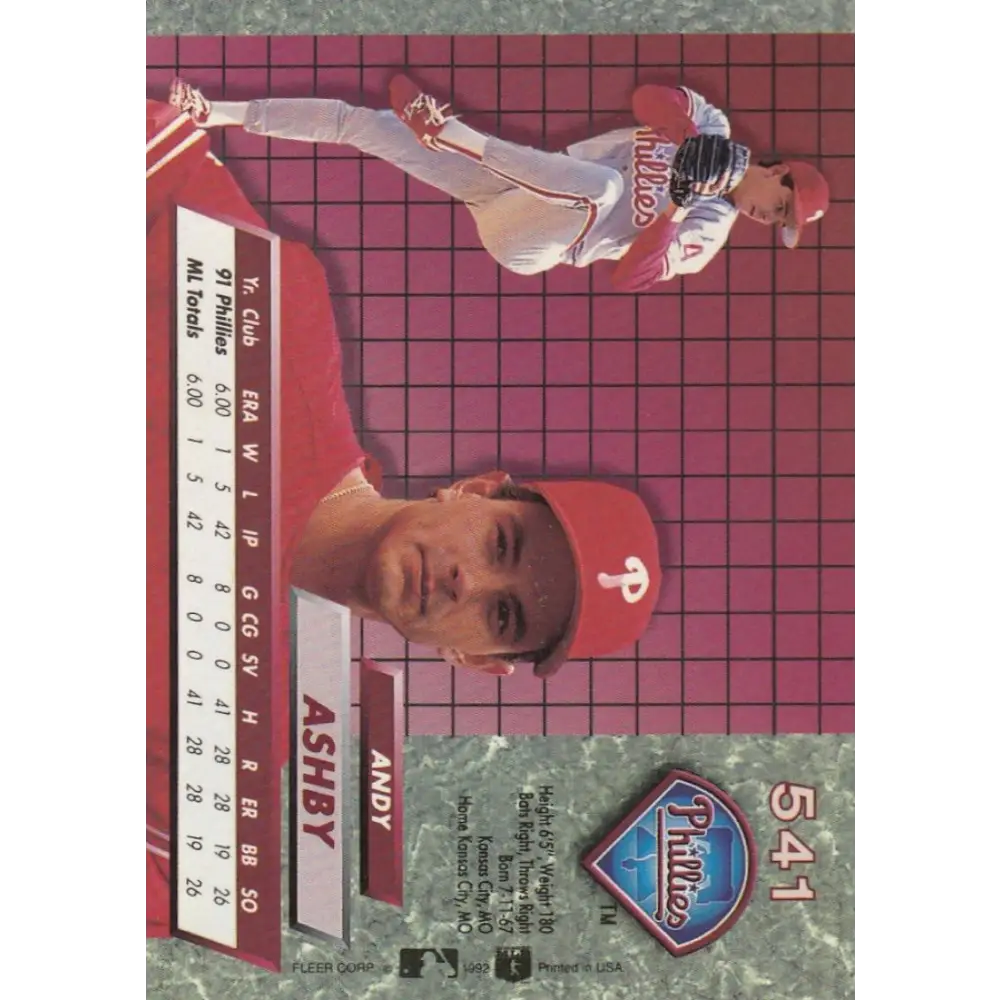 1992 Fleer Ultra #541 Andy Ashby NM-MT Philadelphia Phillies Baseball Card Image 2