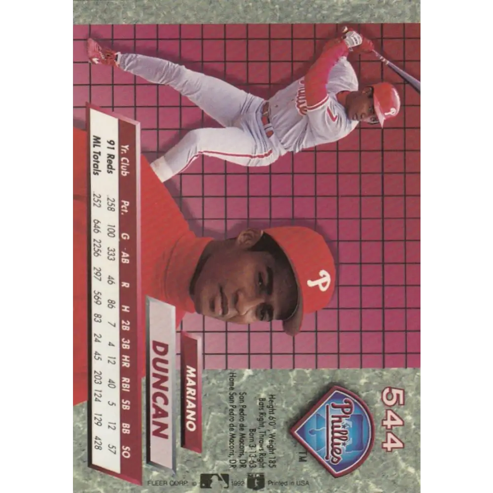 1992 Fleer Ultra #544 Mariano Duncan NM-MT Philadelphia Phillies Baseball Card Image 2