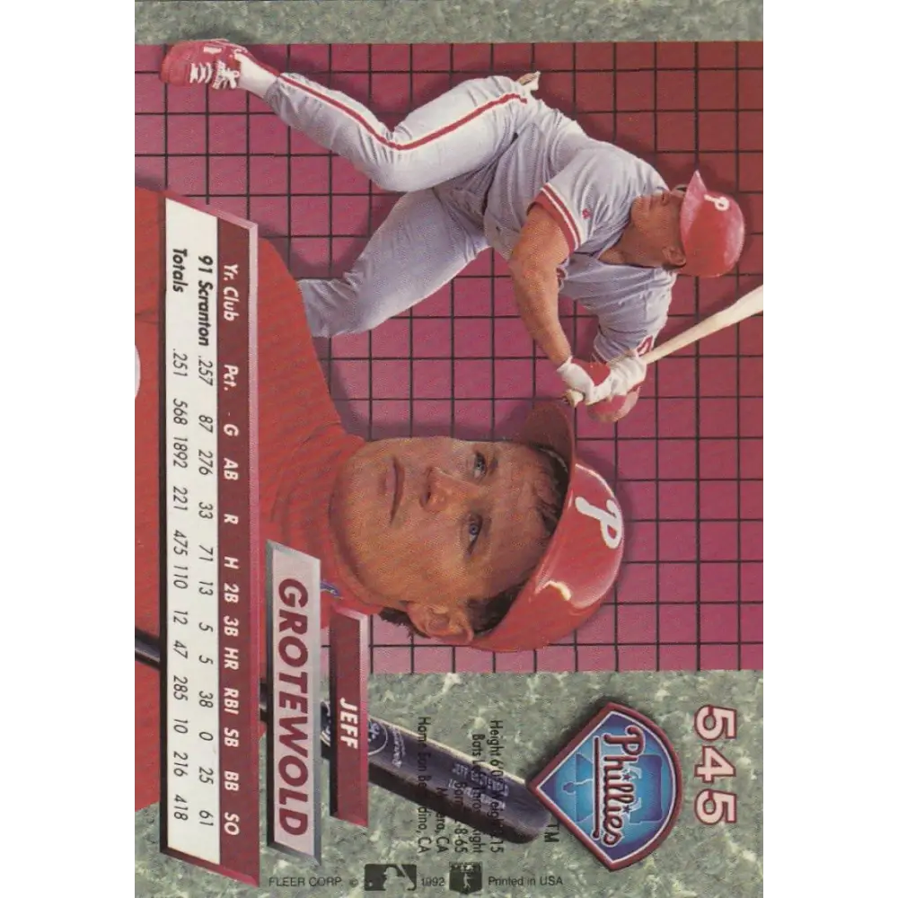 1992 Fleer Ultra #545 Jeff Grotewold NM-MT RC Rookie Philadelphia Phillies Baseball Card Image 2