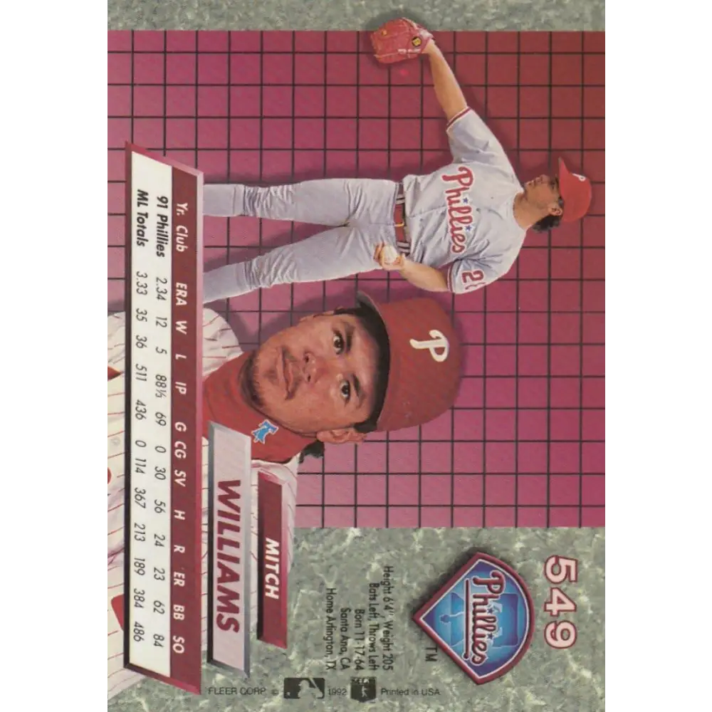 1992 Fleer Ultra #549 Mitch Williams NM-MT Philadelphia Phillies Baseball Card Image 2