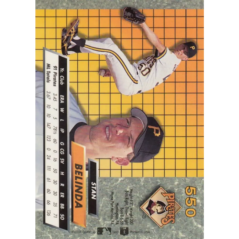 1992 Fleer Ultra #550 Stan Belinda NM-MT Pittsburgh Pirates Baseball Card Image 2