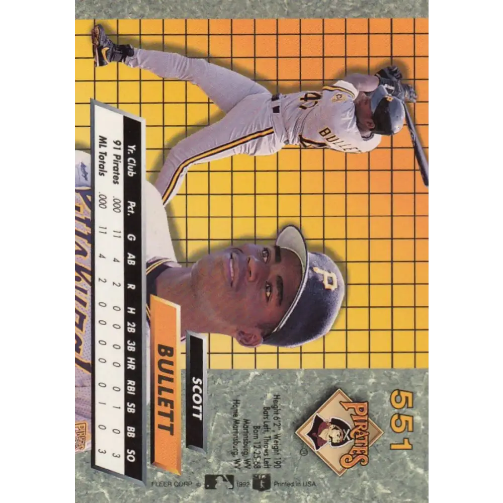 1992 Fleer Ultra #551 Scott Bullett NM-MT RC Rookie Pittsburgh Pirates Baseball Card Image 2