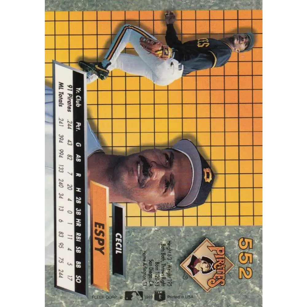 1992 Fleer Ultra #552 Cecil Espy NM-MT Pittsburgh Pirates Baseball Card Image 2