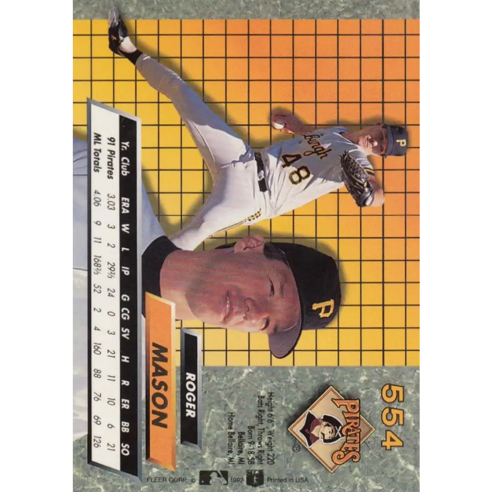 1992 Fleer Ultra #554 Roger Mason NM-MT Pittsburgh Pirates Baseball Card Image 2