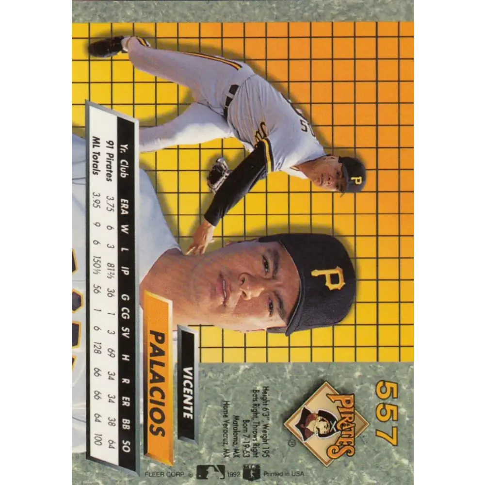 1992 Fleer Ultra #557 Vicente Palacios NM-MT Pittsburgh Pirates Baseball Card Image 2