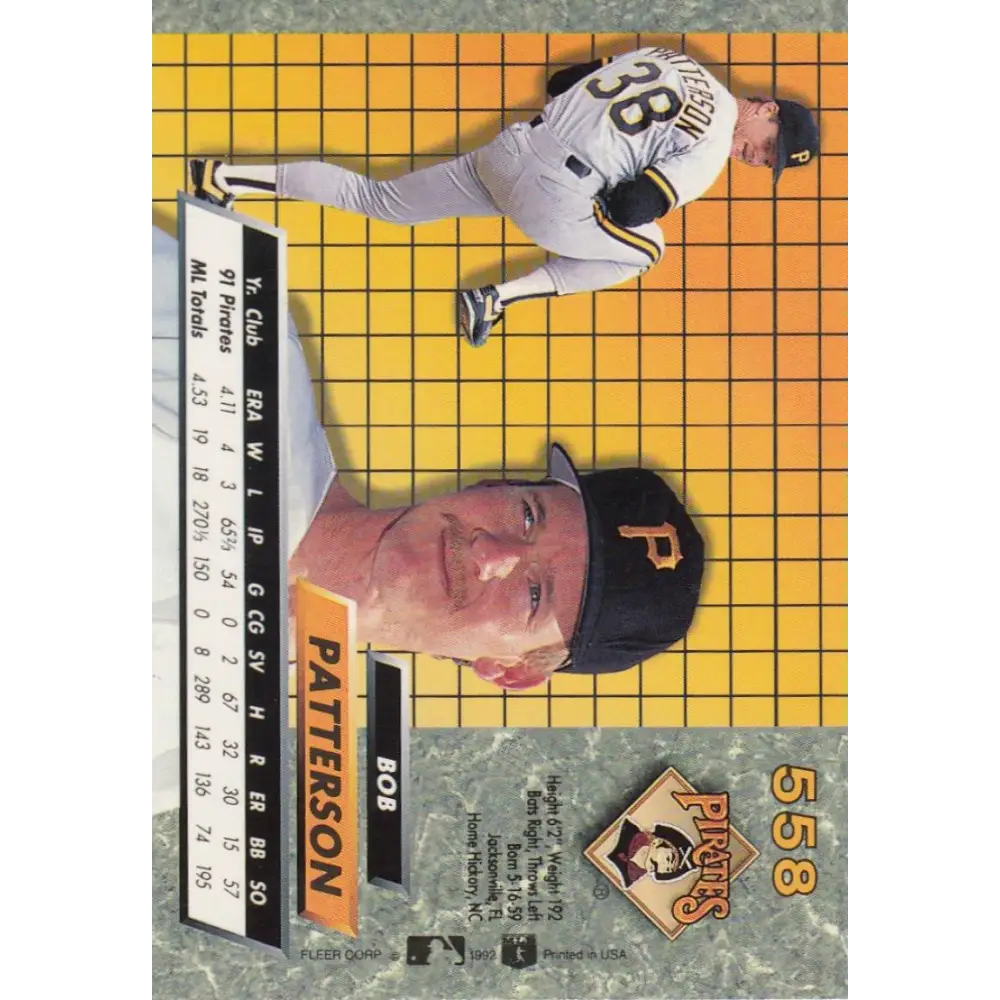 1992 Fleer Ultra #558 Bob Patterson NM-MT Pittsburgh Pirates Baseball Card Image 2