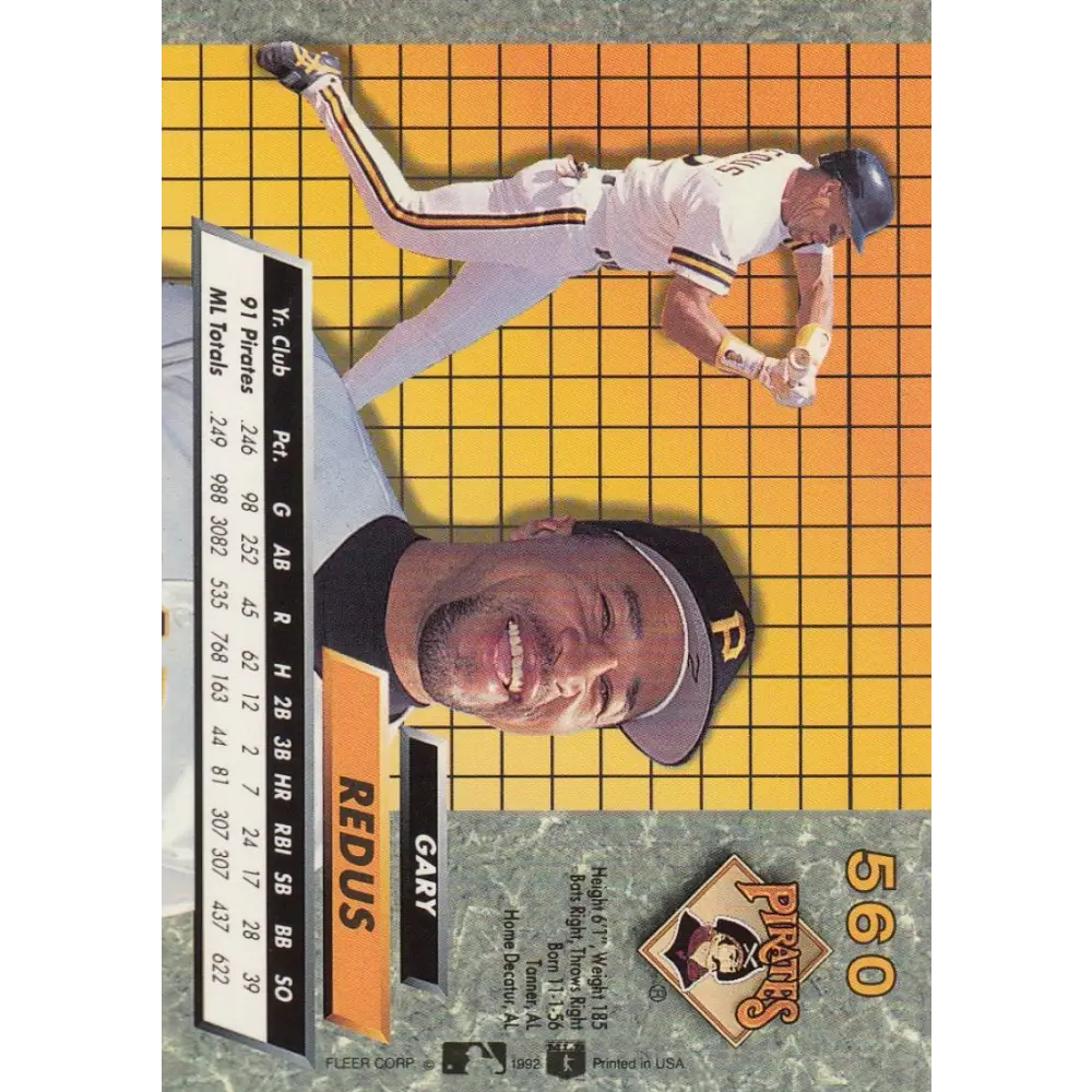 1992 Fleer Ultra #560 Gary Redus NM-MT Pittsburgh Pirates Baseball Card Image 2