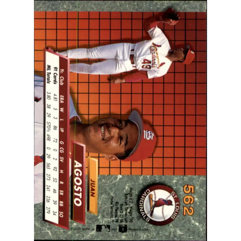 1992 Fleer Ultra #562 Juan Agosto NM-MT St. Louis Cardinals Baseball Card Image 2