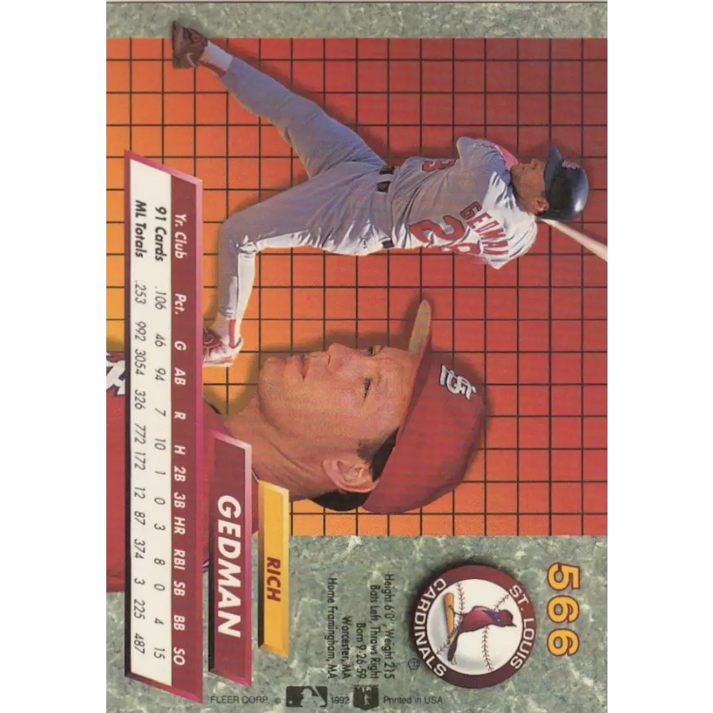 1992 Fleer Ultra #566 Rich Gedman NM-MT St. Louis Cardinals Baseball Card Image 2